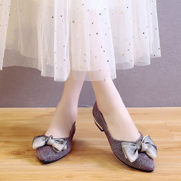 

women metal low heel pumps bow pointed toe low heels women temperament elegant party sequin single shoes zapatos mujer 2020, Black