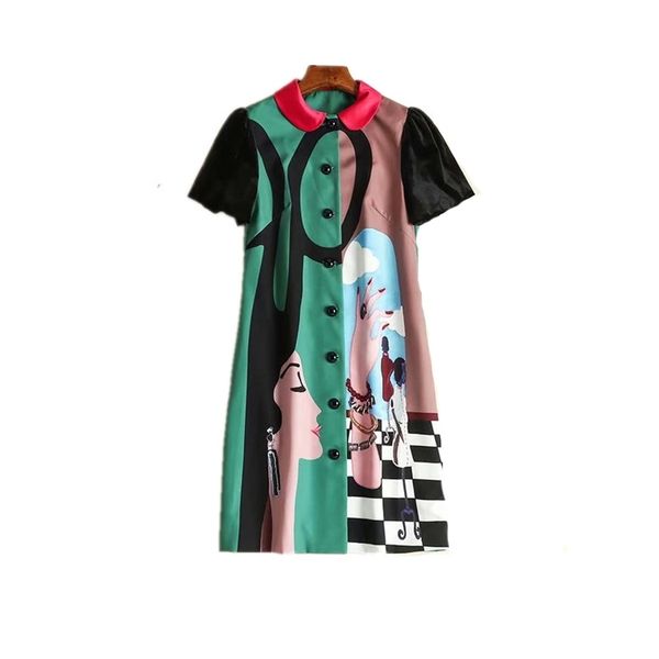 

european and american contrast color doll collar stitching abstract pattern dress, Black