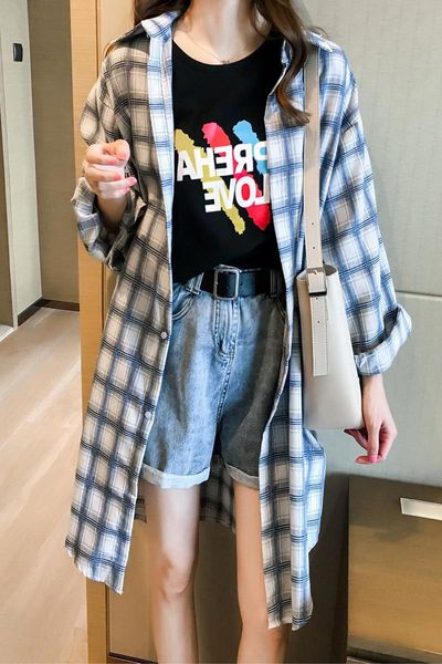 

новый шикарный свободный бф плед женщин с длинным рукавом платье фрачных рубашку платье тонкий солнцезащитный крем пальто средней длины юбки, White