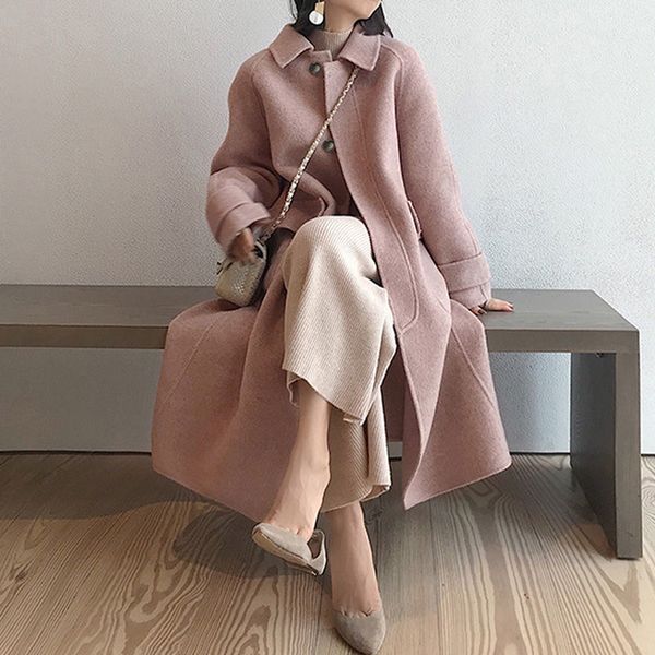 

women's wool & blends 2021 winter autumn solid turn-collar women elegant coats slim a-line woolen female long sleeve outwear plus size, Black
