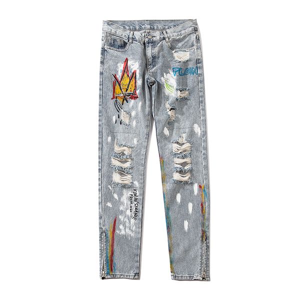 

zipper hop reflective pants hole casual denim side hip graffiti jeans trousers pants mens ahtva, Black