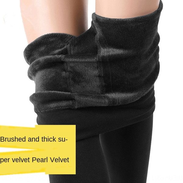 

hklur autumn and winter women's colorful pearl velvet leggings warm foot-stepping plus velvet thickened all-in-one pants outer wear war, Black