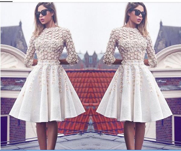 

modest ivory homecoming dresses knee length 3d flowers a line cocktail gowns with 3/4 long sleeves vintage prom dresses, Red