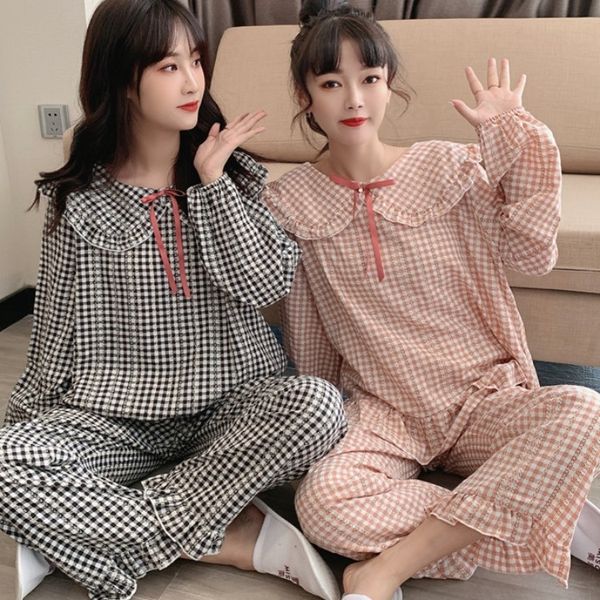 

korean 2020 sweet home clothes doll girls'style doll collar plaid pajamas women's autumn pajamas home suit, Blue;red