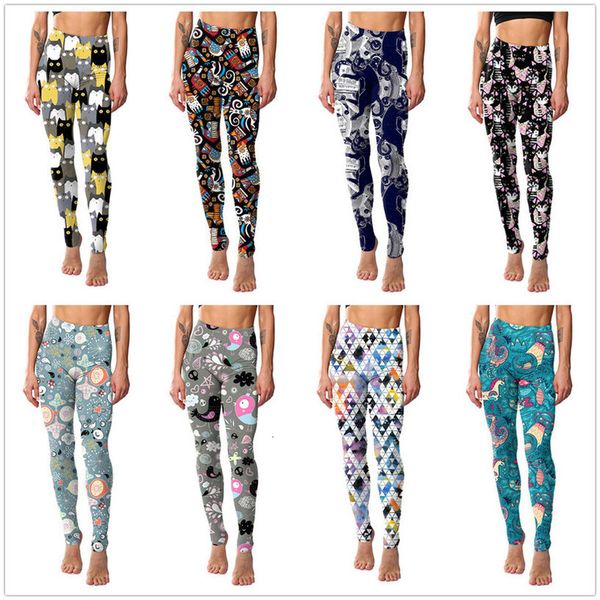 

ankle length 2020 new cartoon fitness women leggings cat print elastic leggins polyester plus size pants leggings, Black