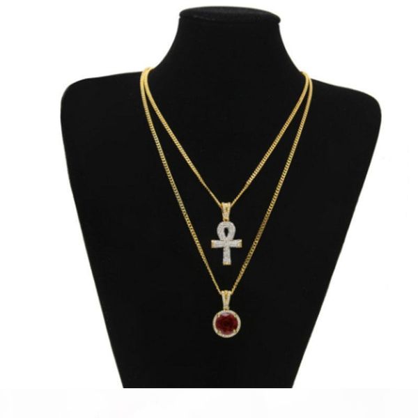 

g 2 in1 gold plated ankh egyptian key rhinestone crystal cross pendant pendant necklace +blue ruby pendant necklace jewelry set men hip, Silver