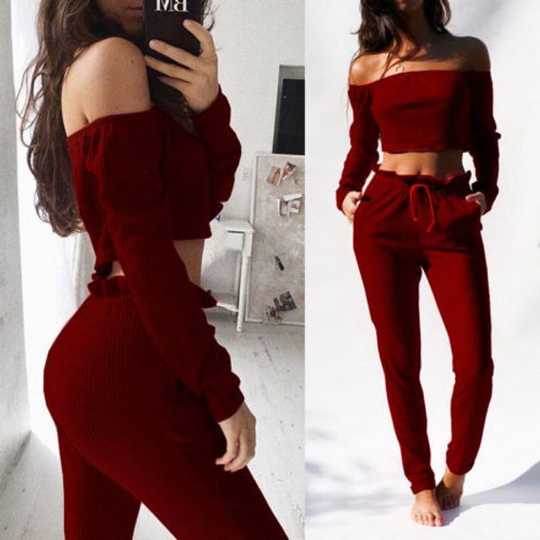 

new woman 2 pieces set ladies off shoulder long sleeve crop pants set outfits spring autumn women casual clothes, Gray