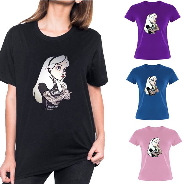 

alice in wonderland tattoo print t shirts new women short sleeve cotton t-shirt casual hip hop tees harajuku streetwear, White