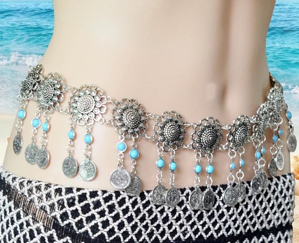

pendant crossover harness waist belt chain vintage bikini coin tassel with blue resin beads chains body jewelry t200507, Slivery;golden