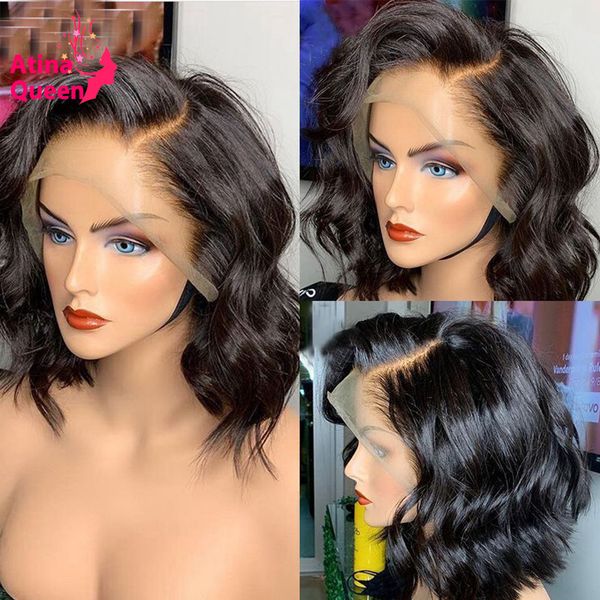 

natural black 13x6 body wave short wig invisible bleached knots bob lace front wigs preplucked human hair wig remy for women