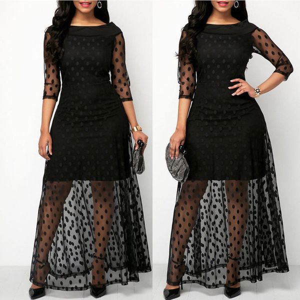 

женщины see through dots печатается o шеи элегантный кружева длинное платье sexy maxi twill осень зимний вечер бальные платья vestidos плюс, Black;gray