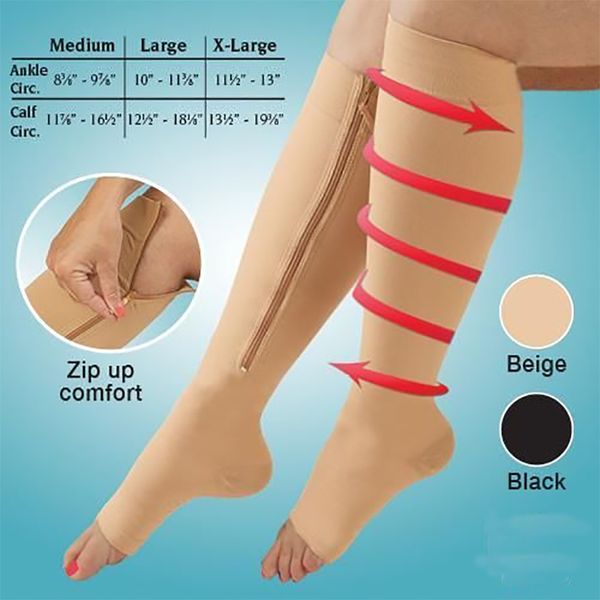 

2 pairs women zipper compression socks zip leg support knee sox open toe sock fashion and leak toe black khaki color