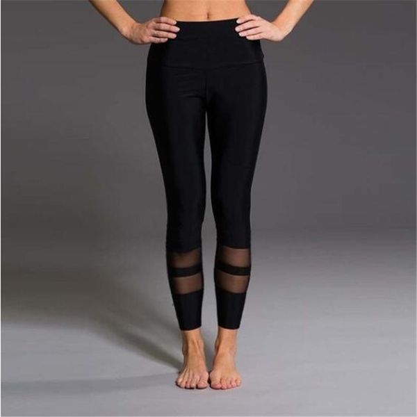 

сплошной цвет поножи женщины моды высокой талией леггинсы сетки лоскутная упругие тонкий mujer фитнес фитнес женщины, Black