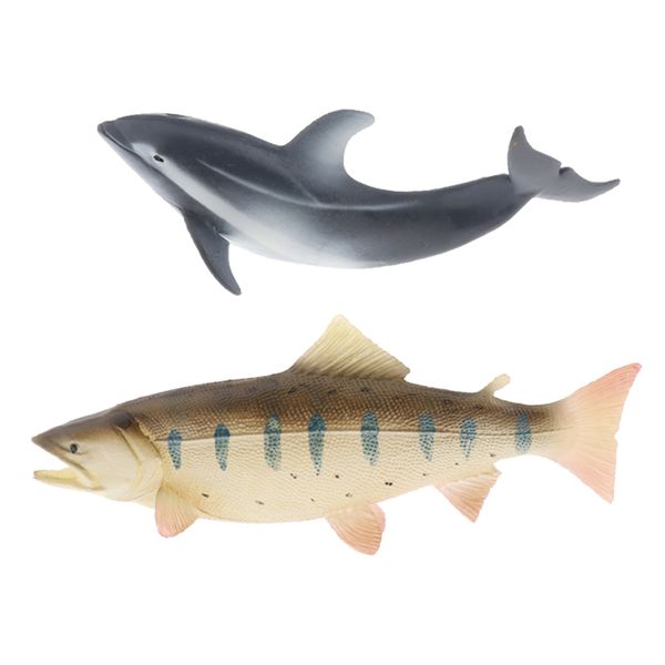 

2 pieces plastic sea animals dolphin salmon model home desk collectibles