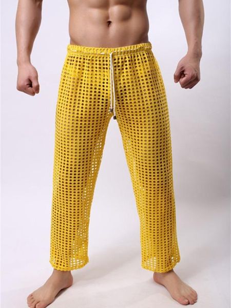 

mens mesh sheer sleep pants see through bottoms pajama home casual trousers loose lounge fishnet pants fashion, Black;brown