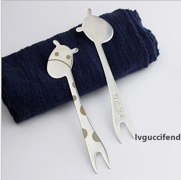 

gift customizable logo children tableware food grade fork 304 stainless steel cartoon giraffe fruit fork