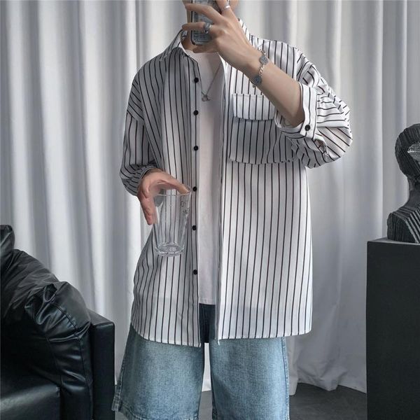 

2020 summer men's striped printing short-sleeved shirt loose white/black color shirts stylish cotton clothes large size -5xl