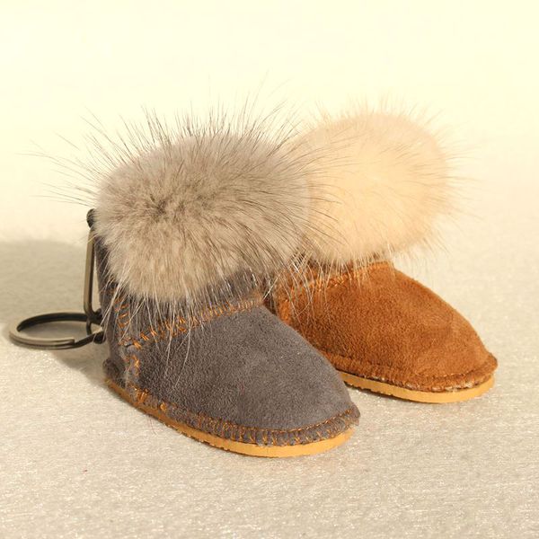 

luxury fluffy pompom genuine real leather boot shoe keychain for women car key chain bagpack charm accessories pendant, Silver