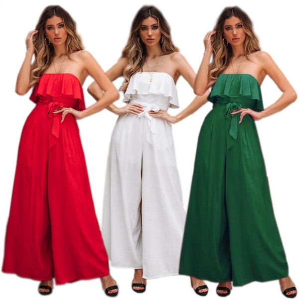 

summer ladies ruffled lace jumpsuit tube suit wide leg trousers suit, Black;white