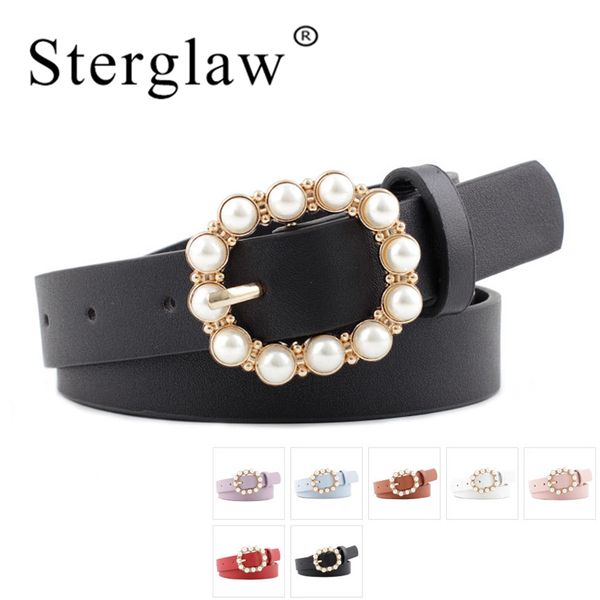 

106*2.3cm new woman pearl pin buckles belt female deduction side gold buckle jeans wild belts for women students waist belt n185, Black;brown