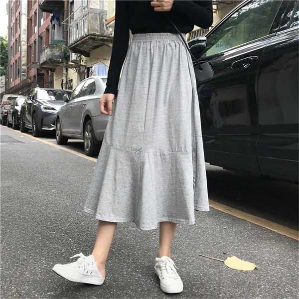 

women irregular mermaid skirt vintage stretchy high waist solid gray/black midi skirts female 2020 autumn korean style chic new