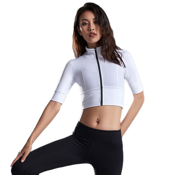 

сексуальная exposed пупка спорт молния stretch была тонкая йога одежда фитнес женщины с коротким рукавом, White;red