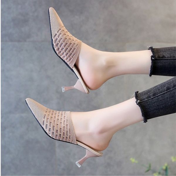 

eoeodoit pointed toe knit fabric slippers slip on 6.5 cm thin heels high heel shoes women pumps slides hollow sandals, Black