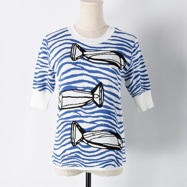 

wave ocean fish ice silk pullover sweater jacquard sweater short sleeve pullover t-shirt women's q341, White