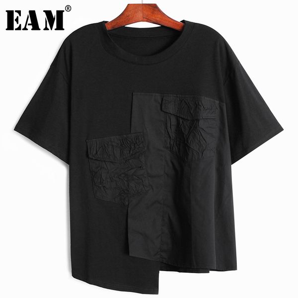 

eam] women black pleated irregular big size t-shirt new round neck short sleeve fashion tide spring summer 2020 1x857, White