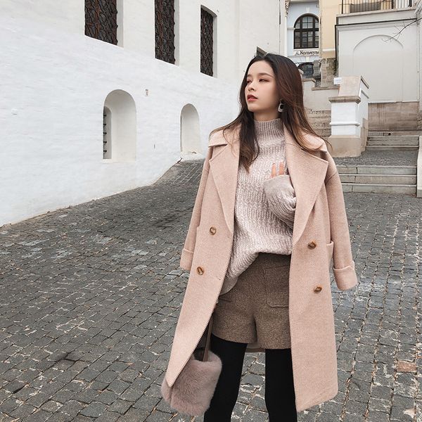 

women's wool & blends 2021 autumn winter fashion woolen coat mid-long korean double breasted outerwear jacket female, Black
