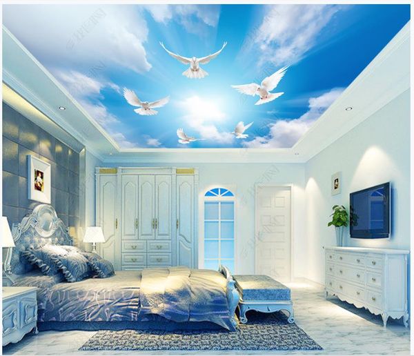 

custom ceiling murals wallpapers 3d zenith mural fantasy sky blue sky white clouds white dove ceiling background wall papers home decoration