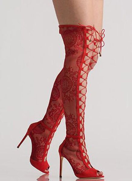 

ladies summer red black flower sheer lace boots over the knee front lace up thigh boots fashion peep toe