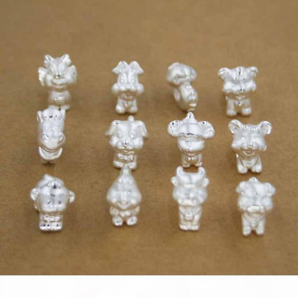 

12pcs set s999 sterling silver chinese zodiac design loose beads ball plunger for diy handmade bracelet jewelry accessories, Black