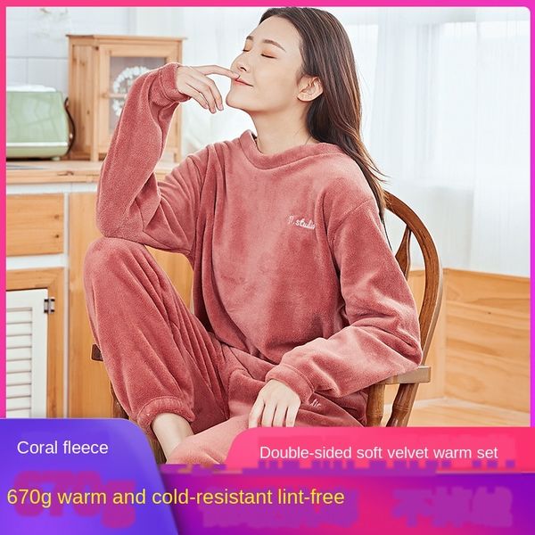 

fairy coral fleece thickened pajamas two-piece suit casual large size home clothes warm pants set warm pants set, Blue;red