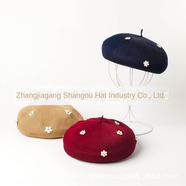

ai4op korean style summer fashion all-match pumpkin flower decoration beret hat knitted breathable art hua jia mao hua jia mao beret painter, Blue;gray