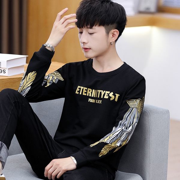 

men's long-sleeved coat t- t-shirt round neck 2020 new spring and autumn sweater korean style trendy base shirt casual sports coat, Black