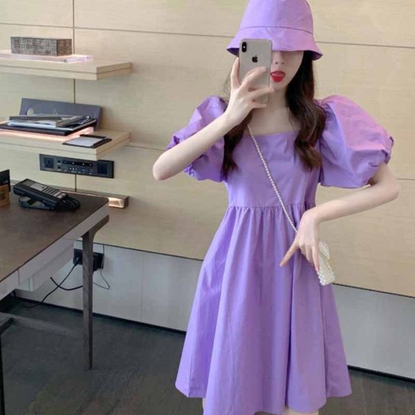 

summer women's taro purple dress french first love platycodon grandiflorum 2020 square collar bubble sleeve sweet sweet salt dress, Black;gray