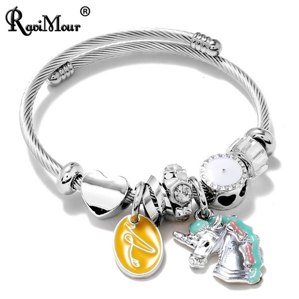 

cute enamel stainless steel bangles for women fashion jewelry chic lover heart horse rhinestone charm cuff bracelets bijoux gift, Black