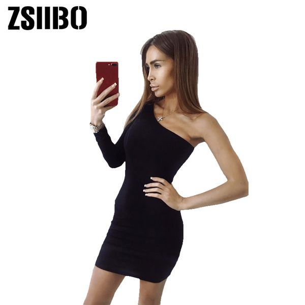 

2020 autumn winter one shoulder slope long sleeve high waist bodycon dresses women fashion party dress, Black;gray
