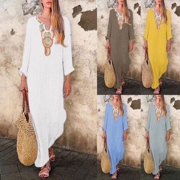 

2020 dress women printed long sleeve u-neck maxi dress split hem baggy kaftan long dress robe femme vestidos plus size, Black;gray