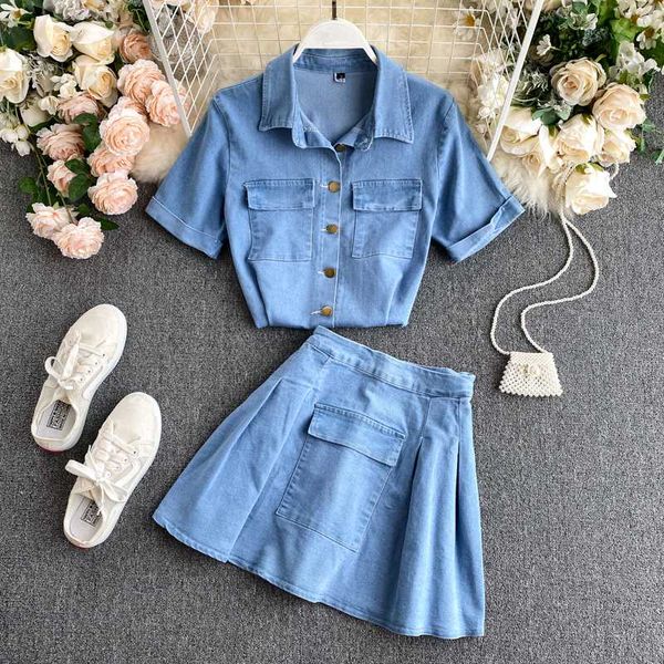 

ewq] 2020 summer new korean style turn-down collar short sleeve denim shirt coats all-match mini skirt 2 piece set women qv451, White
