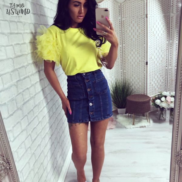 

boho women summer tulle ruffle short sleeve mesh t shirt casual fashion o neck mesh sleeve tee, White