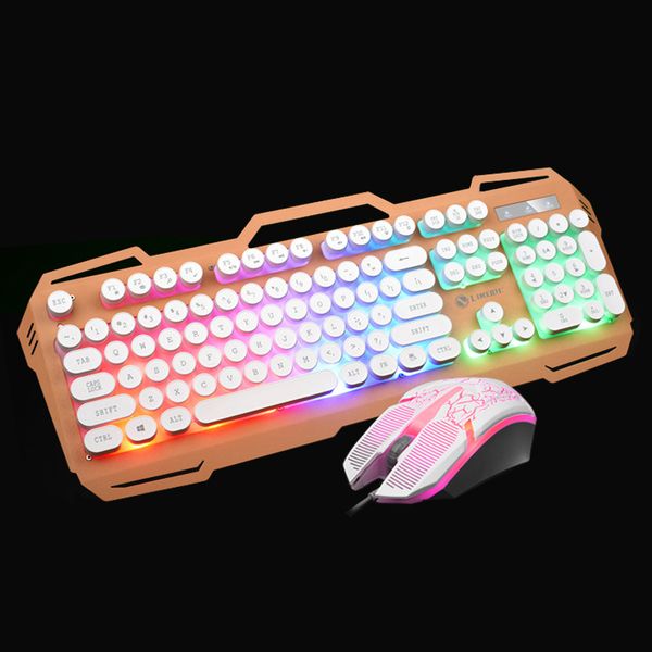 

mechanical feel wired keyboard mouse sets round key cap retro gaming key board multimedia button pc metal panel keyboards led