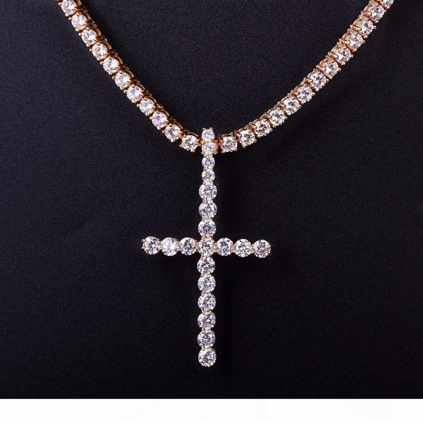 

5mm iced out cubic zircon tennis cross pendant necklace with tennis chain men hip hop jewelry copper material, Silver