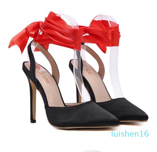 

size 35 to 42 red black satin ankle wrap high heels pumps luxury women designer shoes l16