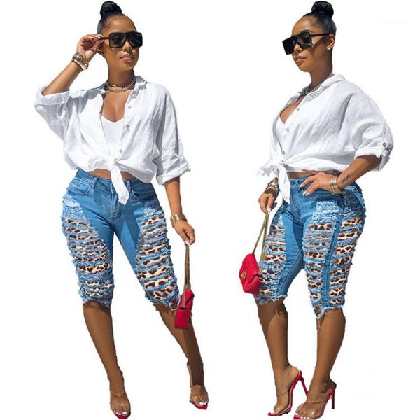 

jeans casual losse high waisted jeans women clothes womens jeans fashion leopard pattern hole panelled short, Blue