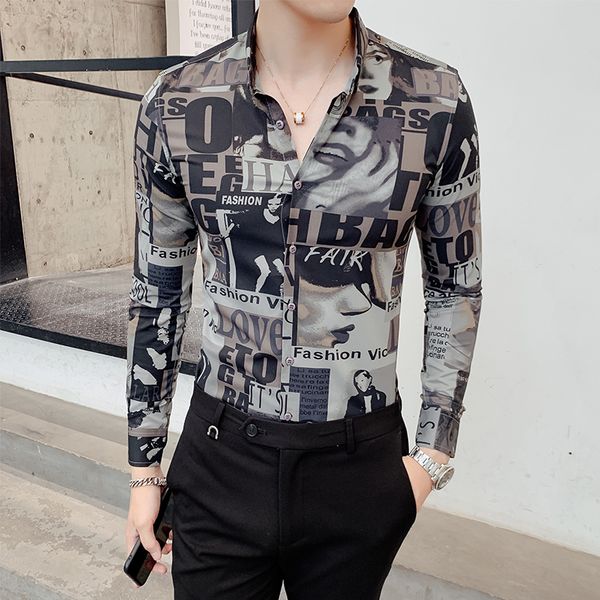 

fashion casual shirt men newspaper print long sleeve slim fit retro shirts mens business dress shirts social clothes camisa, White;black