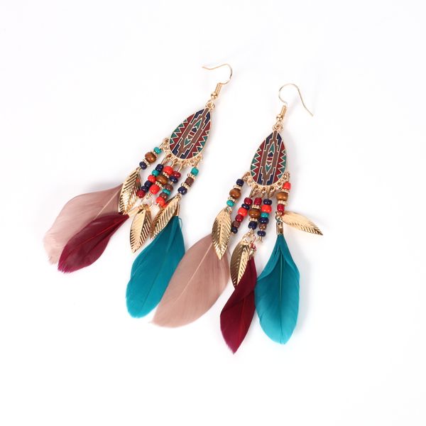 

2020 women large bohemian style feather earrings jewelry vintage beadstassels earrings 18k gold plated, Silver