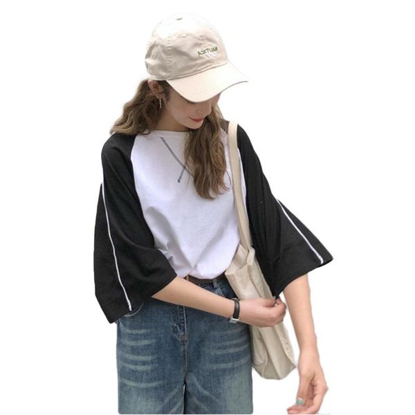

yoga outfits women girls half sleeve color block t-shirt summer fashion round neck pullover loose, White;red