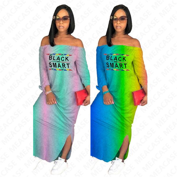 

black smart letter print women designer long dress summer gradient color shoulderless maxi dresses off shoulder casual beach dress d7613, White